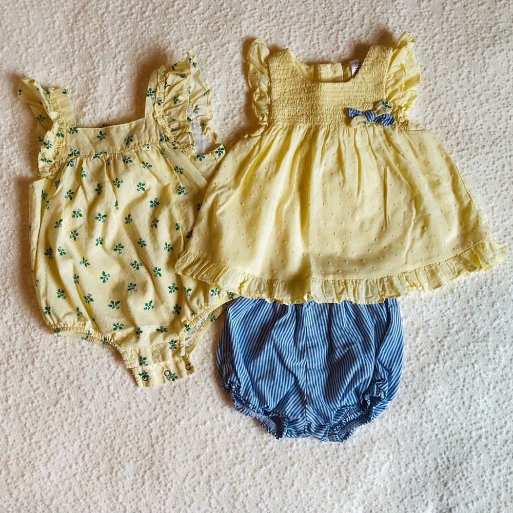 EUC Girly Spring Summer Top, Bloomer Shorts, and Romper Set Size 18M “Little Me”